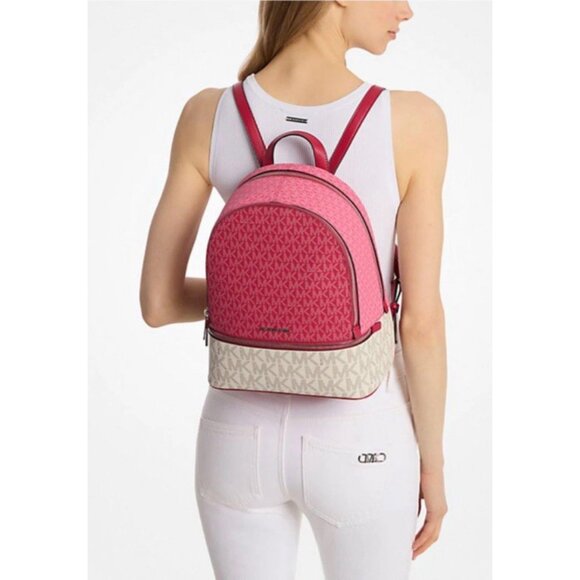 New Michael Kors Rhea Medium Colorblock Signature Logo Backpack Dark Raspberry - Picture 3 of 5